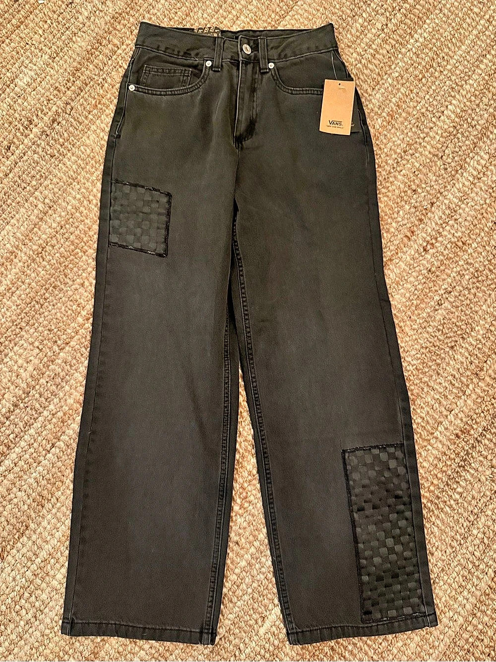 Vans Skate Check-5 Loose Denim Pants Checkered Patch Straight Leg Jeans in Black